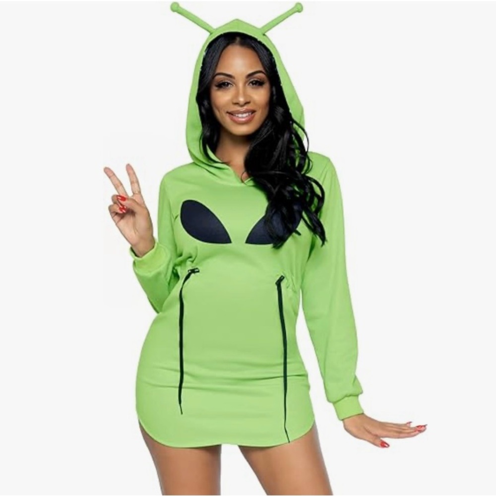 Leg Avenue Green Alien Ghost Fleece Hoodie Dress